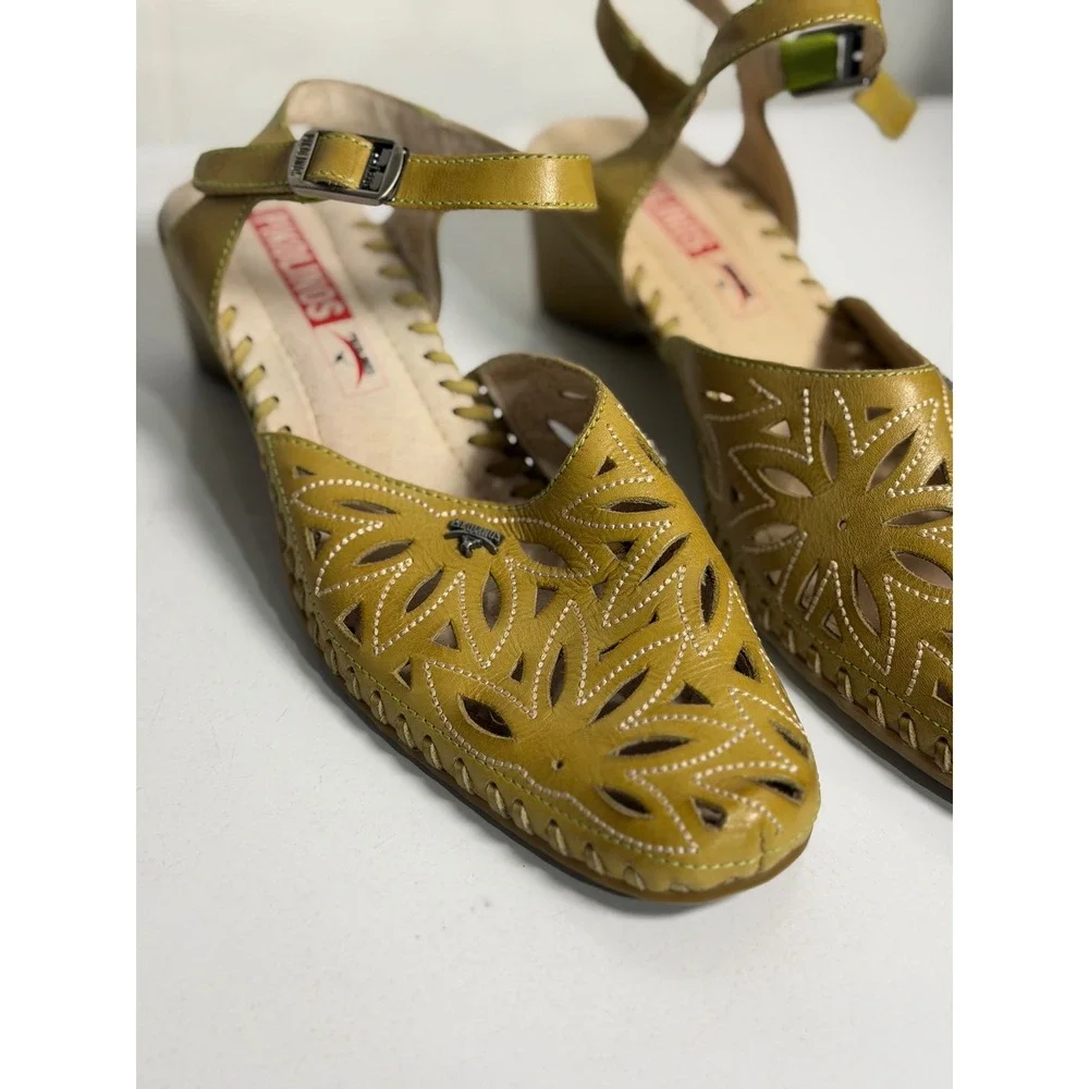 Pikolinos Sandals Olive Green Leather Laser Cut Out Ankle Strap Heels 36 Women